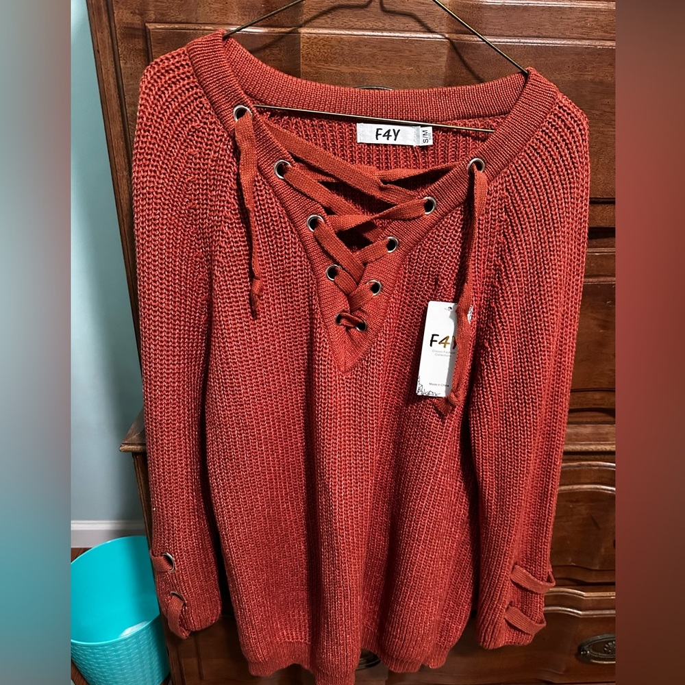 Burnt Orange Grommet Lace Up Sweater
